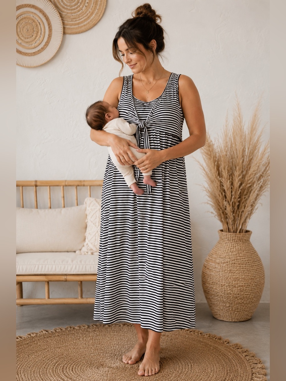 Milk Nursingwear Striped Nursing Maxi Dress | Large | Black & White Soft Stretch